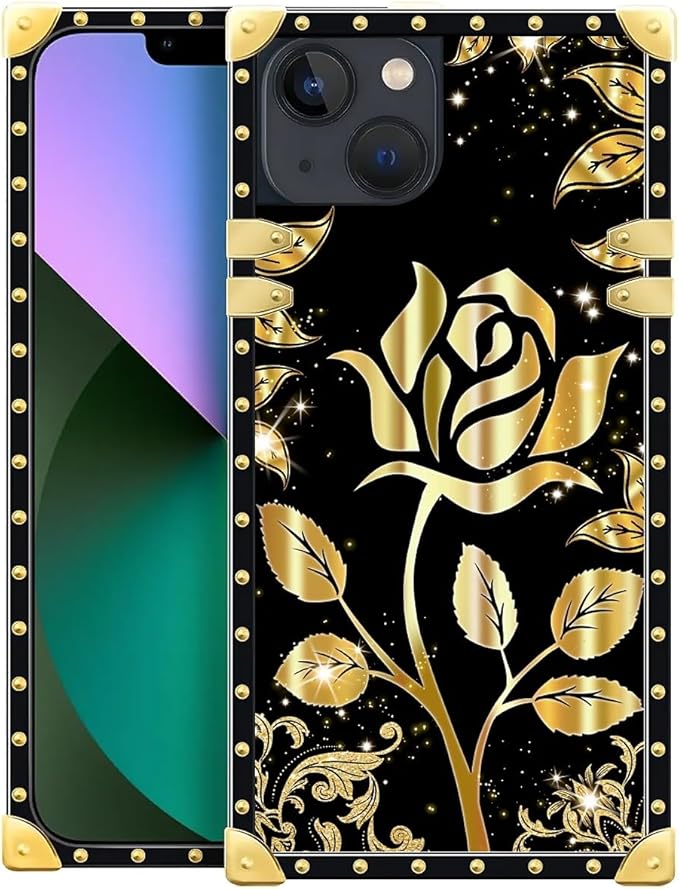 Compatible with iPhone 13 Case, Shine Gold Rose Luxury Golden Decoration for Girl Women Soft TPU Shockproof Protective Hard PC Back for iPhone 13