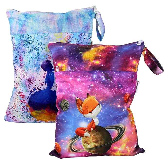 Mama Koala Wet Dry Bags, Portable Washable Reusable Baby Cloth Diapers Bags, 2pcs Medium Size for Travel Beach Laundry Pool Gym Yoga (WB-Space Travel)