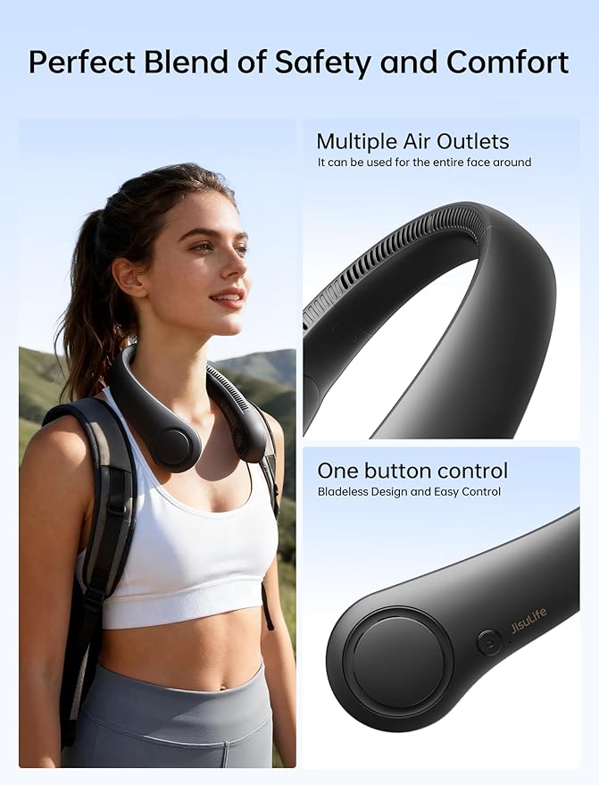 JISULIFE Portable Neck Fan, Hands-Free Bladeless, 5 Speeds, 4000 mAh Battery Operated Wearable Personal Fan, Twistable, Rechargeable, Gift for Women Men-Black