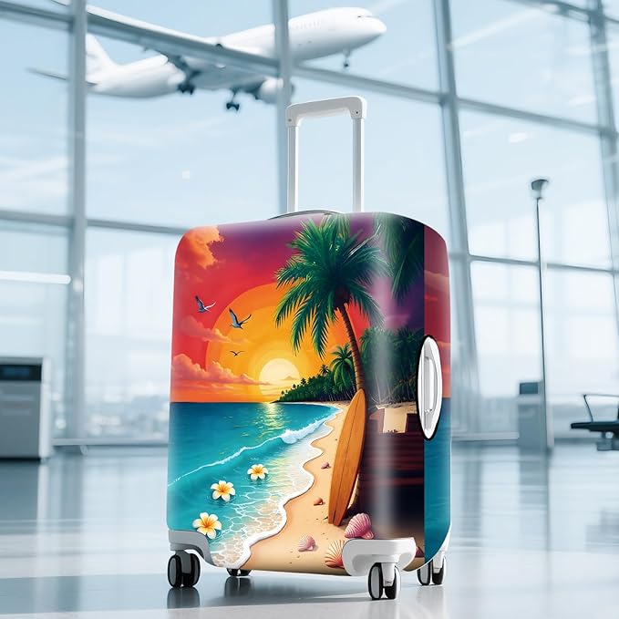 ANNA QUEEN Tropical Sunset Beach Luggage Cover,Stretchable Suitcase Protector Sleeve,Fit for 28-30 Inch Checked Baggage,Water Resistant & Durable Luggage Protector