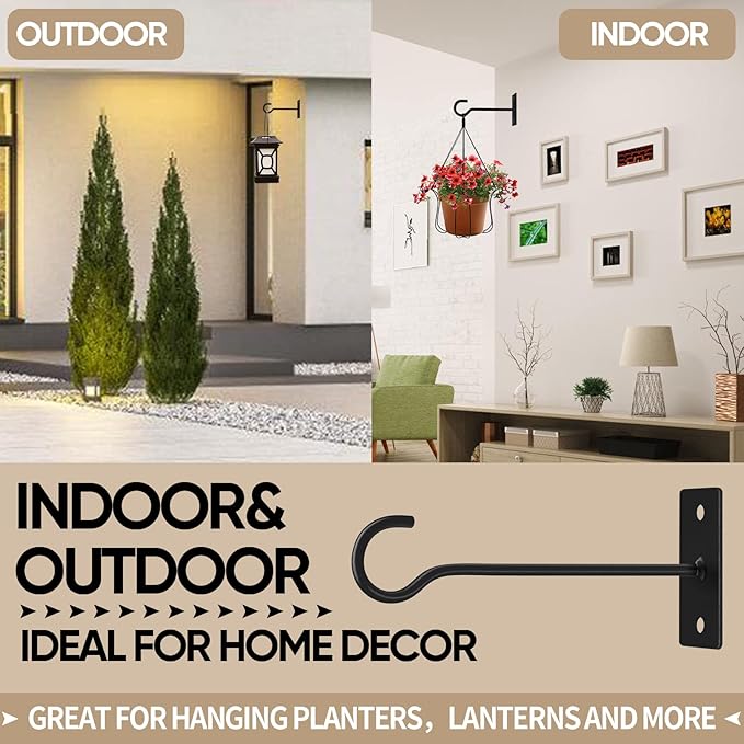 Plant Hooks 2Pack Hanging Plant Bracket 6inch Metal Plant Hanger Decorative Plant Hook for Bird Feeders, Planters, Lanterns, Wind Chimes, Home Decor Indoor Outdoor (Black)