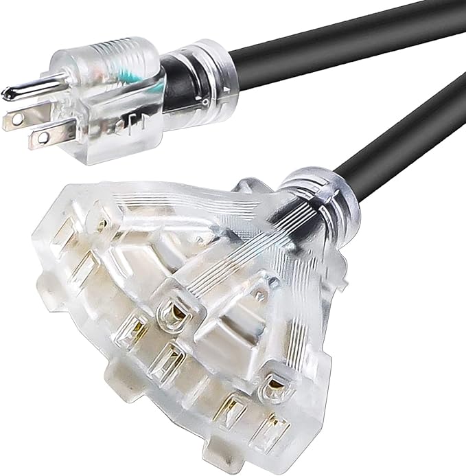 1FT 12/3 Extension Cord Heavy Duty Black 3-Outlet Indoor/Outdoor SJTW Lighted 12-Gauge Grounded Power Cable,12AWG 15 Amp, 1875 Watts，UL Listed，Safety
