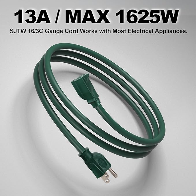 EP 2 Pack 10FT Green Outdoor Extension Cord, 16/3 SJTW Heavy Duty Waterproof, 3 Prong Grounded Plug, 13A 1625W 16AWG, Cold-Resistant Flexible Power Cable for Garden, Home, Christmas Lights