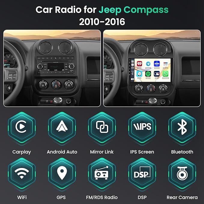 [8-Core 6+128GB] Hikity Android 15 Car Stereo for 2010-2016 Jeep Patriot Compass, 10.1 Inch Touchscreen Radio with Wireless Carplay Android Auto, Bluetooth GPS WiFi 32EQ DSP FM RDS SWC+Backup Cam