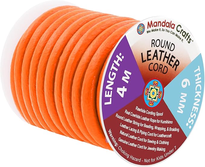 Mandala Crafts Round Genuine Orange Leather Cord for Jewelry Making – 6mm Cowhide Leather Rope String Lace for Kumihimo – 4.4 Yards Cowhide Craft Cording Spool
