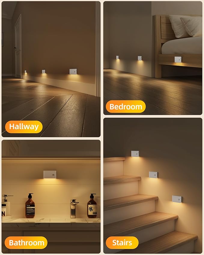 EZVALO Motion Sensor Stair Lights Indoor, Rechargeable Night Lights with Magnetic & Dimmable, Auto On/Off 3000K Soft White, Stick-On for Stairs, Hallway, Bathroom (8 Pack)