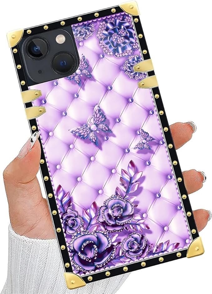 Compatible with iPhone 13 Case, Purple Butterfly Flowers Leaf Luxury Golden Decoration for Girl Women Soft TPU Shockproof Protective Hard PC Back for iPhone 13
