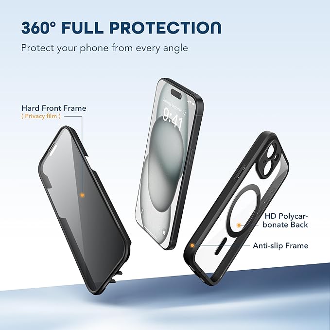 TIESZEN for iPhone 15 Plus Case, Compatible with MagSafe, Built-in Privacy Screen Protector and Camera Protection, Anti Spy Full Body Dustproof Shockproof Hard Phone Case 6.7", Black