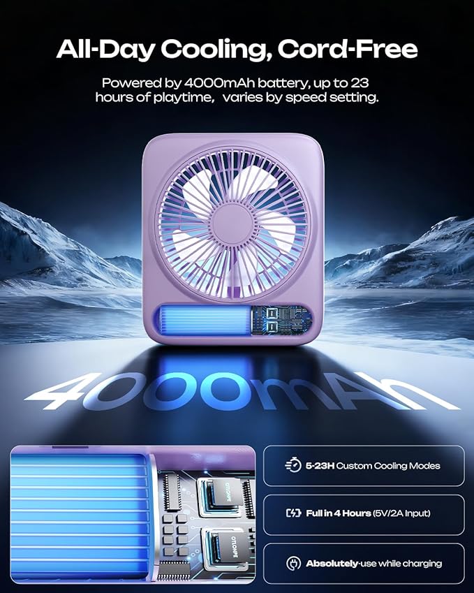 Otlonpe Personal Portable Desk Fan, 4000mAh Small Rechargeable Portable Fan Battery Operated & USB Powered for Travel Sleeping Bedroom Office Home Table, Cordless, Quiet, 4-Speed, 6.5 Inch (Purple)