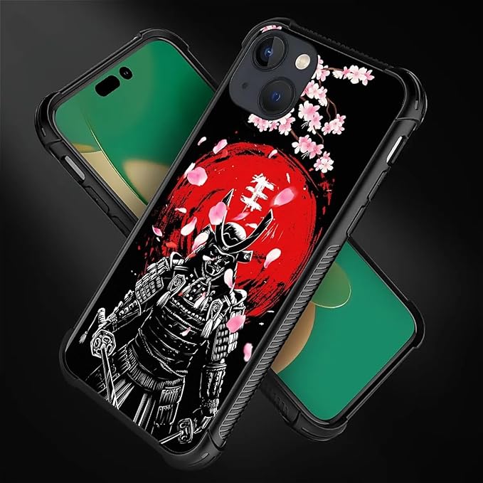 for iPhone 14 Case, Sakura Japanese Samurai Pattern Graphic Design Girl Boy Soft Silicone Hard Acrylic Shock Protection for iPhone 14