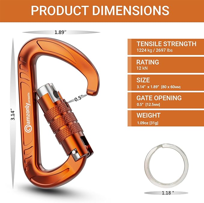 3inch Auto Locking Carabiner Clips Heavy Duty, 12KN /2697lbs Lightweight keychain carabiners, Sturdy Twist Lock Caribeeners for Camping Hiking Hammock Swing Backpack, dog leash and Harness etc
