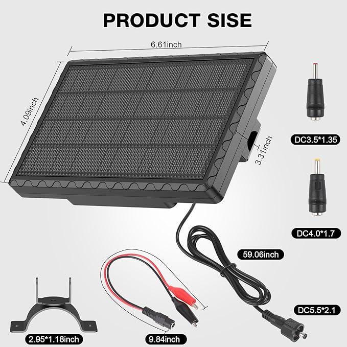 Solar Panel for Deer Feeder, 12V 1.98W Solar Panel Outdoor IP65 Waterproof, Battery Charger 12Volt with Mounting Bracket and Alligator Clip, DC 5.5*2.1, 3.5*1.35, 4.0*1.7 Interfaces for Game Feeder