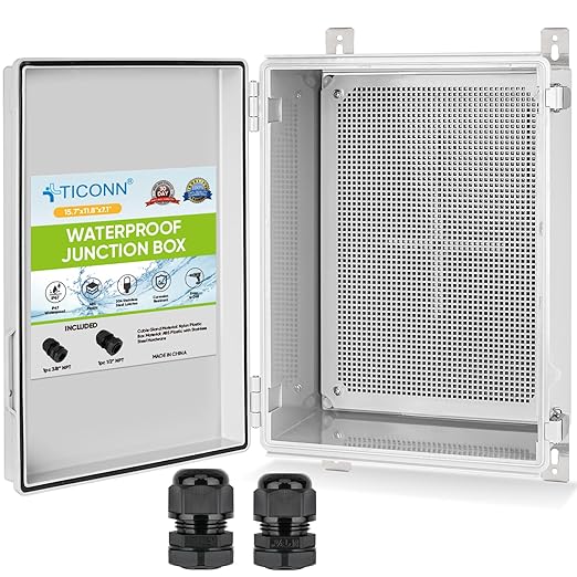 TICONN Outdoor Electrical Box Waterproof, Junction Box IP67 ABS Plastic Enclosure with Hinged Cover with Mounting Plate, Wall Brackets, Cable Glands (Off-White, 15.7"x11.8"x7.1")