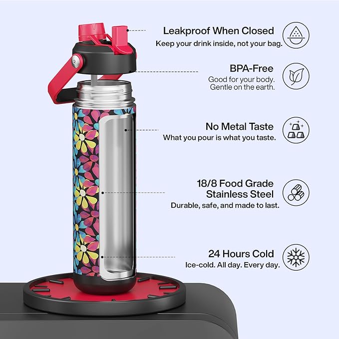 ENCOOL Insulated Water Bottle with Straw Stainless Steel Water Bottle, Leak-Proof, BPA-Free, Double Wall Vacuum Keeps Cold for 24 Hours for Sports, Travel, School (26 oz, Vivid Flora)