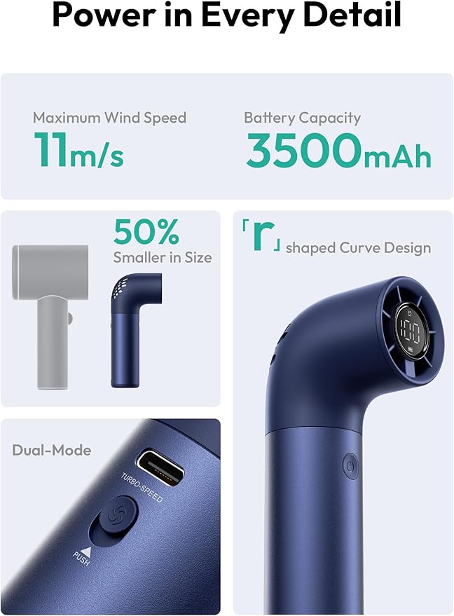 Aecooly Portable Handheld Fan, Powerful Turbo Air Tube Fan, 19000 RPM High Speed Aero Pro, 15H Max Cooling Time, 6 Speeds Aluminum Case, Mini Pocket Design, for Travel Beach Outdoor Activities -Blue