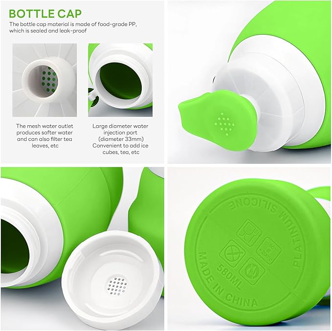 Collapsible Lightweight 20oz Water Bottle, Food-Grade Silicone BPA Free, Foldable Portable Leak Proof Office Travel Cycling Sports Outdoor Water Bottle with Vertical Hook (green, Short nozzle)