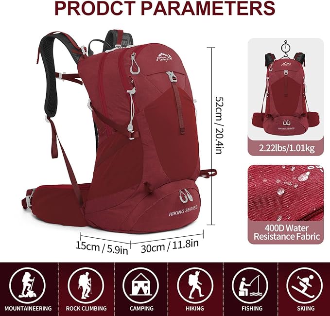 IX INOXTO Hiking Backpack, 26L/40L Waterproof Hiking Daypack with 3L Water Bladder and Rain Cover, Lightweight Travel Camping Backpack for Men Women (Red)