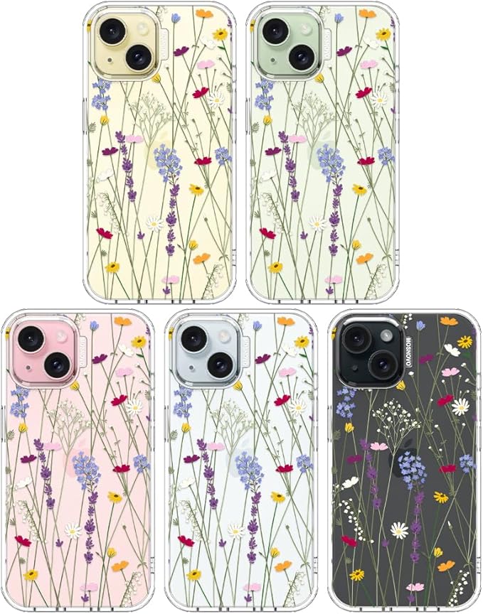 MOSNOVO Case for iPhone 15, [Buffertech 6.6ft Military-Grade Drop Protection] [Anti Peel Off Tech] Clear TPU Bumper Phone Case Cover Design - Floral Garden