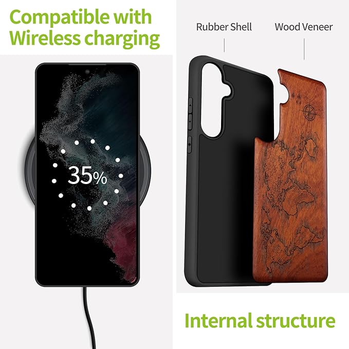 Carveit Wood Case for Galaxy S24 Plus Case [Natural Wood & Black Soft TPU] Shockproof Protective Cover Unique Wooden Design Compatible with S24 Plus (Compass Maps-Rosy)