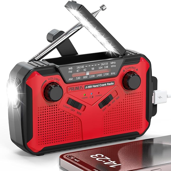 PRUNUS J-369 11100mWh Emergency Weather Radio, AA Batteries/Hand Crank/Solar/USB Charging, NOAA/AM/FM, LED Flashlight and Reading Lamp,SOS Alarm & Flashlight Portable