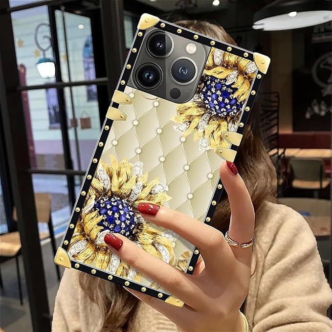 Compatible with iPhone 12 Pro Max Case, Sunflower Diamonds Leather Luxury Golden Decoration for Girl Women Soft TPU Shockproof Protective Hard PC Back for iPhone 12 Pro Max