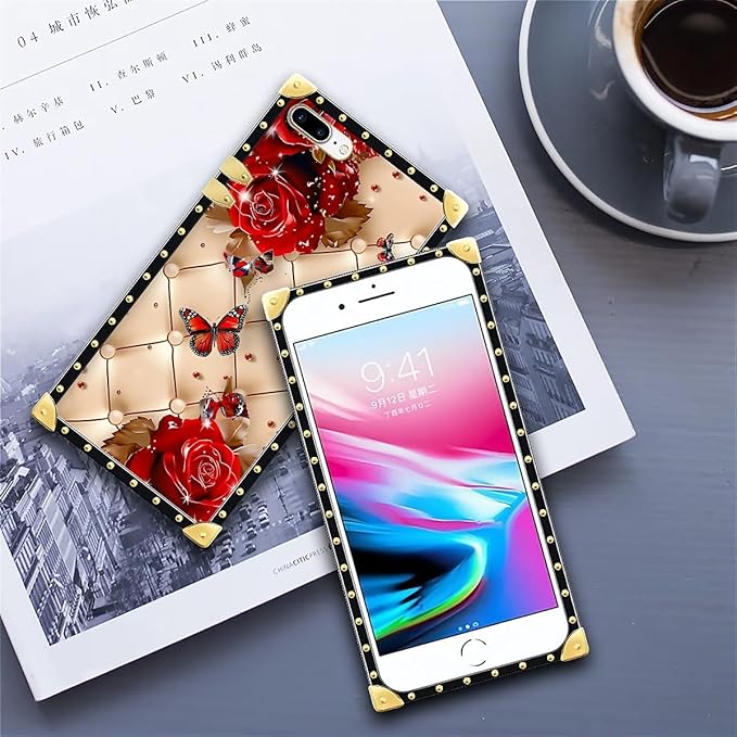 Compatible with iPhone 8 Plus 7 Plus Case, Shining Red Rose Butterfly Leather Background Luxury Golden Decoration for Girl Women Soft TPU Shockproof Protective Hard PC Back