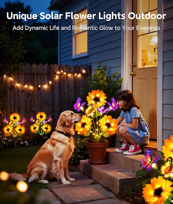 KOOPER Solar Garden Lights Outdoor Decor, Upgraded 4 Pack Solar Sunflower Lights with 16 Butterflies, Solar Flowers Outdoor Waterproof for Yard Lawn Garden Decor, Sunflower Gifts for Mom Women Grandma