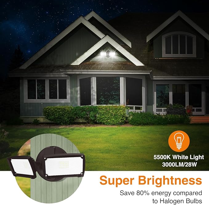 LEPOWER 3000LM LED Flood Light Outdoor, Switch Controlled LED Security Light, 28W Exterior Lights with 2 Adjustable Heads, 5500K, IP65 Waterproof for Garage, Yard, Patio Brown