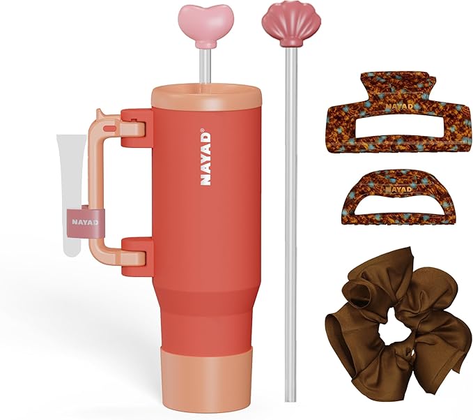 NAYAD 40oz Travel Tumbler with Handle and Straw|Cup Holder Friendly Insulated Stainless Steel Dual Straw-Sip Lid Folding Handle Cupholder Compatible for Travel or Gift| BPA-Free(Orange)