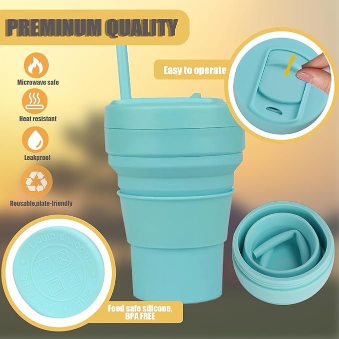 12 oz Collapsible Travel Cup with Lid, Silicone Foldable Drinking Cup for Camping Hiking,Portable Silicone Water Bottle for Hot and Cold Beverages with Straw- Green
