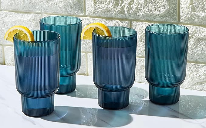 Shatterproof Acrylic Tall Drinking Glasses Set, European Style, Dishwasher Safe, Ribbed | Set of 4 | Fluted Tritan Drinkware, Unbreakable BPA-free Plastic, Reusable Stackable Glassware 14.5oz - Blue