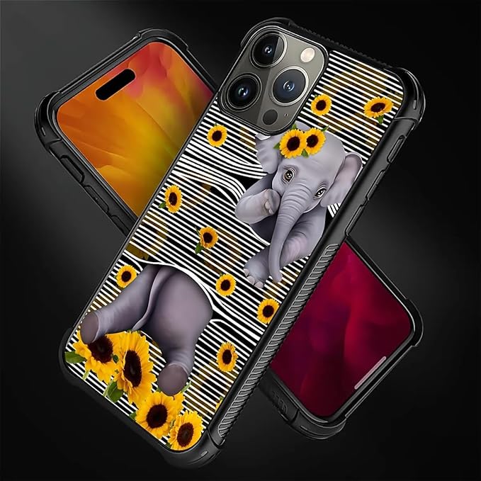 for iPhone 16 Pro Max Case, Cute Little Elephant Sunflower White Line Art Pattern Graphic Design Girl Boy Soft Silicone Hard Acrylic Shock Protection for iPhone 16 Pro Max