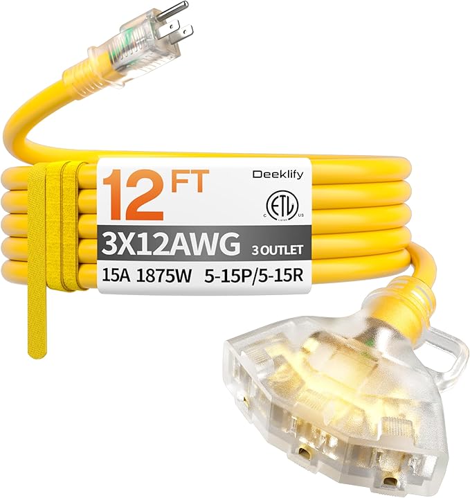 12 ft 12 Gauge Heavy Duty 3 Outlet Extension Cord Splitter with Indicator, Waterproof Outdoor Extension Cord with Multiple Outlets, 15A 1875W for Garden, ETL Listed, Flexible Yellow SJTW