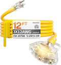 12 ft 12 Gauge Heavy Duty 3 Outlet Extension Cord Splitter with Indicator, Waterproof Outdoor Extension Cord with Multiple Outlets, 15A 1875W for Garden, ETL Listed, Flexible Yellow SJTW