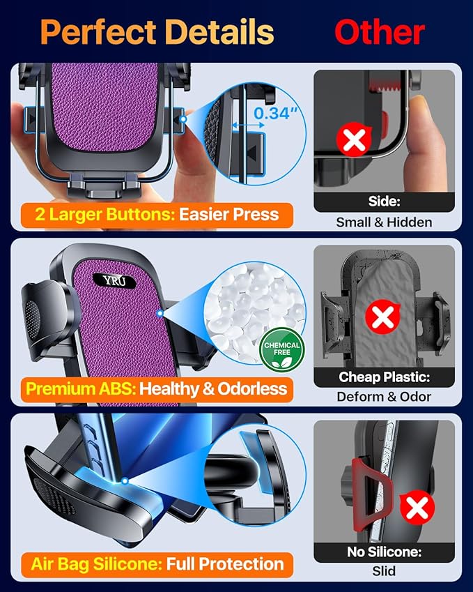 YRU [True Upgrade for Safety] Car Phone Holder Mount [Patent & Military-Grade] Dashboard Cell Phone Holder for Car Vent Windshield Phone Stand for iPhone 17 16 15 14 13 Pro Max Truck Samsung, Purple