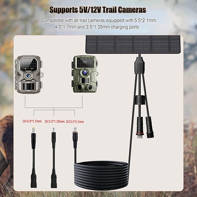 Zivif 10W Trail Camera Solar Charger with 10400mAh Battery for Security & Trail Cameras, Adjustable 5V/12V Output, USB-C & DC Port, IP66 Waterproof, 360° Adjustable Mount, 9.8ft Power Cable