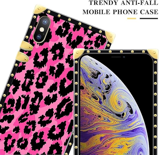 Compatible with iPhone XR Case, Pink Black Leopard Luxury Golden Decoration for Girl Women Soft TPU Shockproof Protective Hard PC Back for iPhone XR