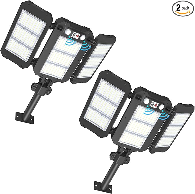Solar Lights Outdoor, 7000 LM Super Bright Dual Motion Sensor Lights, Aluminum Arm 3 Heads Dusk to Dawn LED Outdoor Flood Lights, IP65 Waterproof Solar Security Light with 3 Modes Yard Street-2 Pcs
