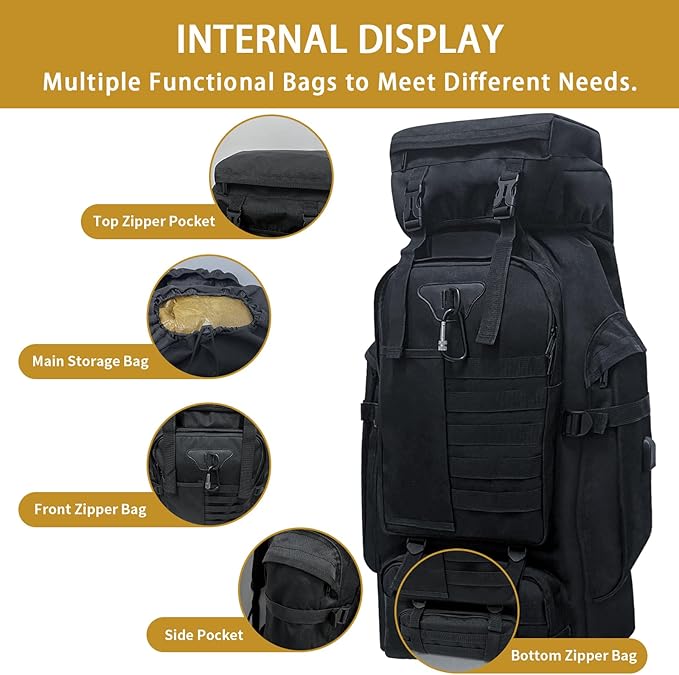 80L Camping Hiking Backpack, Large Military Tactical Backpack with USB Charging Port, Waterproof Travel Daypack With Carabiner Outdoor MOLLE Rucksack for Men Women (Black)