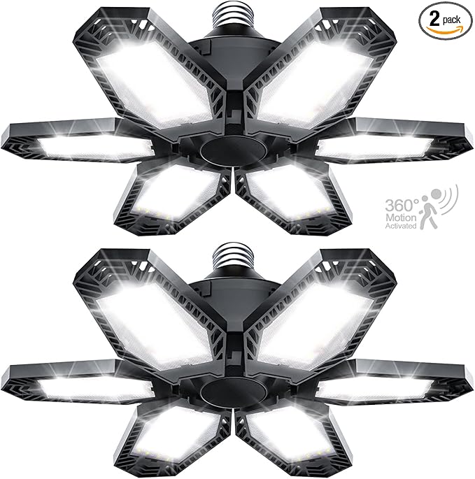 TANBABY 2 Pack LED Garage Lights with Motion Sensor, 150W Deformable Garage Light Bulb, Total 30000LM 6500K Daylight, 6 Adjustable Panels, E26/E27 Screw-in Ceiling Light for Basement, Gift for Men