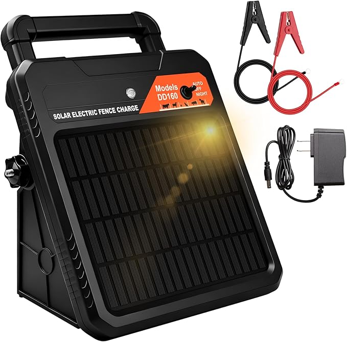 10 Miles Solar Electric Fence Charger 0.16J Portable Fence Energizer, Solar Fence Charger for Livestock Defense, 24-Hour Uninterrupted Protection
