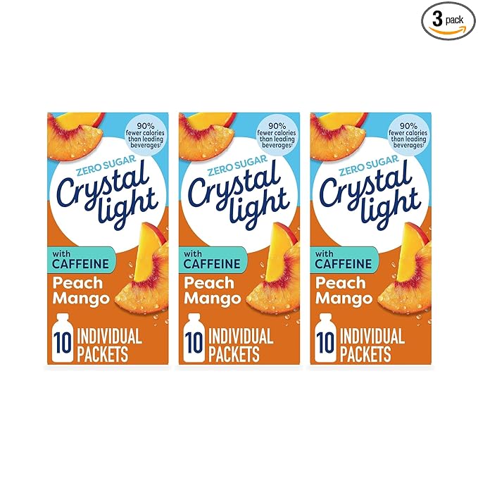 Crystal Light On The Go Peach Mango With Caffeine Drink Mix, 10-Packet Box, 0.7 OZ (Pack of 3)