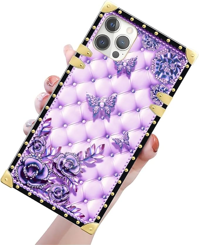 Compatible with iPhone 12 Pro Max Case, Purple Butterfly Flowers Leaf Luxury Golden Decoration for Girl Women Soft TPU Shockproof Protective Hard PC Back for iPhone 12 Pro Max