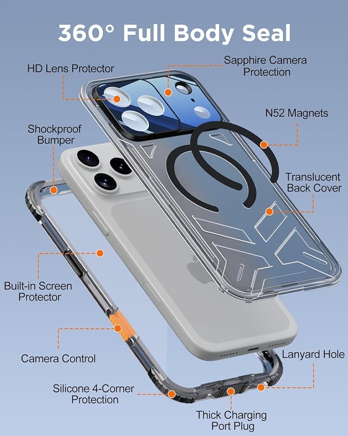 for iPhone 17 Pro Max Waterproof Case with Magsafe, Built-in [Camera & Screen Protector] [Lanyard], IP68 Water Proof Full Body Dustproof Heavy Duty Frosted Protective Phone Cover, 6.9" Black
