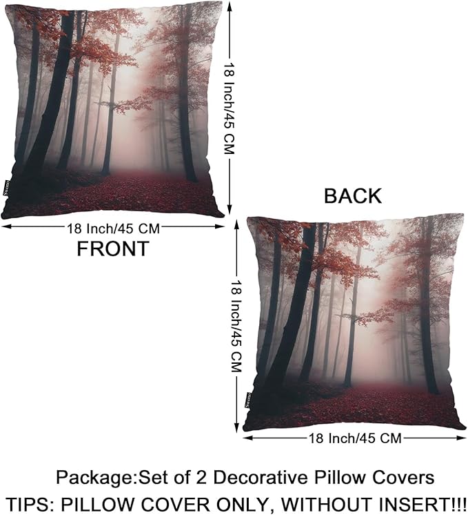 Swono Foggy Forest Throw Pillow Cases Pack of 2, Misty Autumn Tree Woods Landscape Square Cushion Covers Decor Pillow Covers for Couch Sofa Home Farmhouse Decoration 18 X 18 Inches Pillowcases