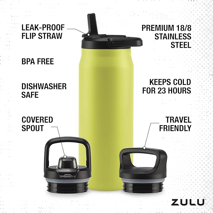 ZULU Base 32oz Stainless Steel Water Bottle with 3 Lids- Straw, Chug, Twist | Double Walled and Vacuum Insulated Metal Thermos | For Gym, Outdoor | Built in Carry Loop, Dishwasher Safe, Guac