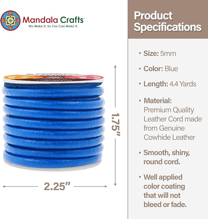Mandala Crafts Round Genuine Blue Leather Cord for Jewelry Making – 5mm Cowhide Leather Rope String Lace for Kumihimo – 4.4 Yards Cowhide Craft Cording Spool