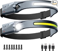 Headlamp Rechargeable LED (2-Pack, Gray) 230° Wide Beam, USB-C Lightweight Head Lamp, Long Runtime, Water-Resistant for Camping, Hiking, Running, Fishing, Repair Work