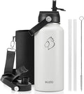 BUZIO 32 oz Water Bottle Insulated, Leakproof Stainless Steel Flask (Cold for 48 Hrs), Wide Mouth BPA-Free Metal Thermo Hydro Canteen with 2 Lids, White