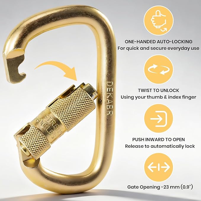 DEKABR Carabiner Heavy Duty, 45KN Twist Lock Steel Auto Locking Climbing Carabiner for Rock and Tree Climbing, Camping, Rappelling, Rescue and Mountaineering – ANAB Certified, Large, Gold